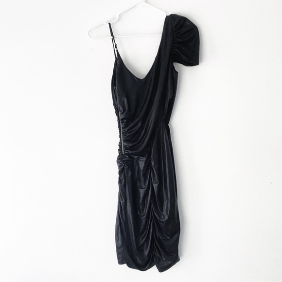 Bebe x Kardashians Black Shiny Metallic Ruched Mini Dress Size M Party Cocktail - Picture 4 of 14